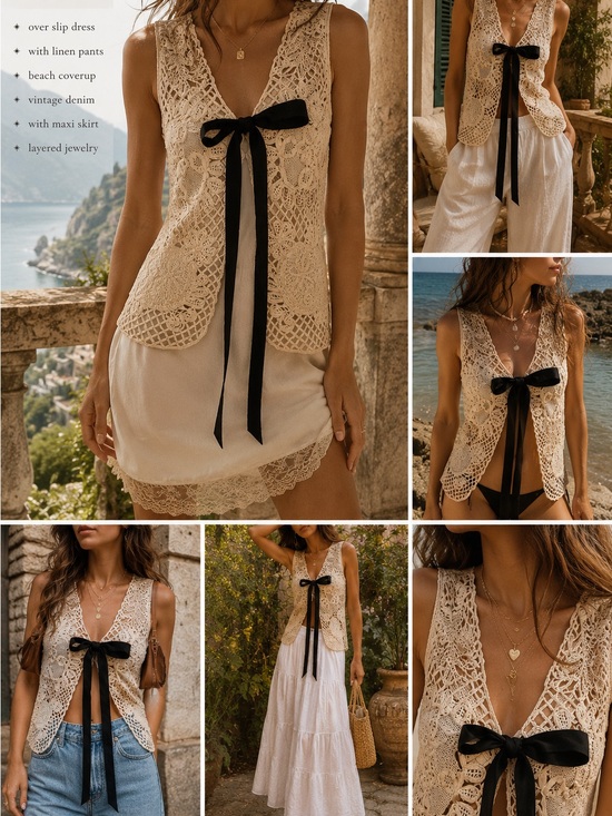 Zara Tops - Zara Cream Crochet Lace Sleeveless Vest Tie Front Top XS / S